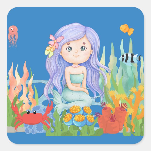 Adesivo Quadrado Linda sereia Penteada brincando no mar (Frente)