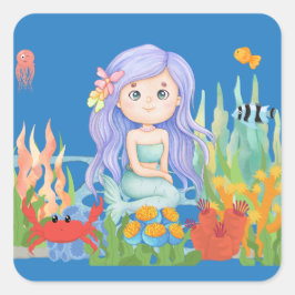 Adesivo Quadrado Linda sereia Penteada brincando no mar