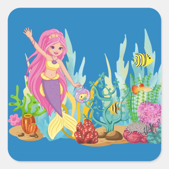 Adesivo Quadrado Linda sereia PINK HAIR tocando no mar (Frente)