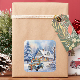 Adesivo Quadrado Linda Vintage Blue Truck Winter Farmhouse