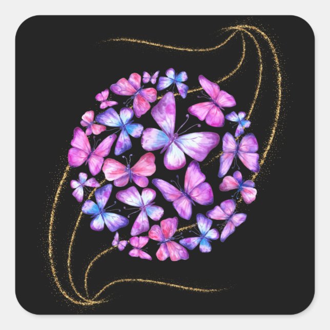 Adesivo Quadrado Lindas Borboletas de Aquarela com Bling Dourado (Frente)