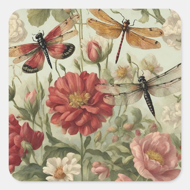 Adesivo Quadrado Lindas Flores Vintage e Dragonflies (Frente)