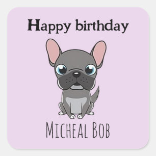 Adesivo Quadrado Lindo aniversário pug cinza cachorro roxo