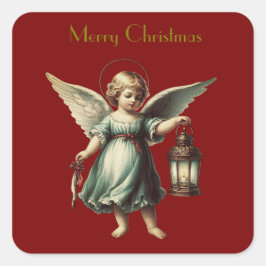 Adesivo Quadrado Lindo Anjo de Natal Vintage e Lanterna