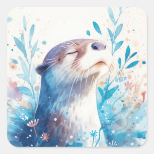 Adesivo Quadrado Lindo Bebê de Lontra Azul Adormecido no Jardim Flo