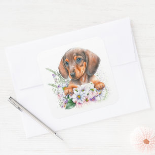 Adesivo Quadrado Lindo Cachorro Pinscher de Aquarela Floral