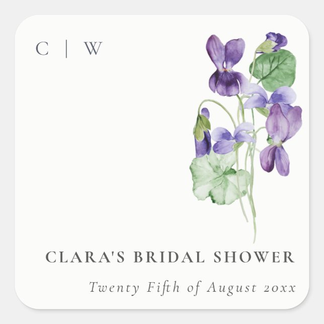 Adesivo Quadrado Lindo Conjunto Temático de Flores de Violeta Monog (Frente)