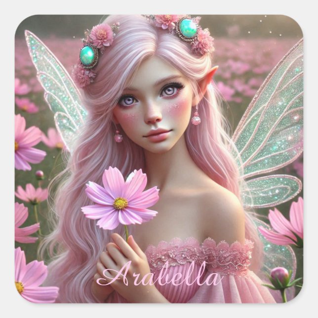 Adesivo Quadrado Lindo Fada de Outubro em Cosmos (Frente)