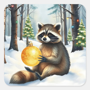 Adesivo Quadrado Lindo Guaxinim de Inverno com Enfeite de Natal Dou