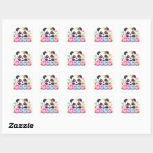 Adesivo Quadrado Lindo Kawaii Coco Panda Nome Pastel Rosa Brilhante
