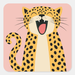 Adesivo Quadrado Lindo Leopardo Selvagem Sorridente Feliz Desenho A