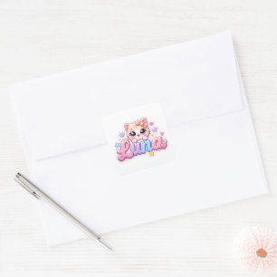 Adesivo Quadrado Lindo Nome de Gato Kawaii Luna Rosa Pastel Brilhan