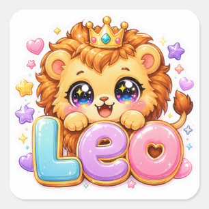 Adesivo Quadrado Lindo Nome de Leão Kawaii Pastel Rosa Coroa Brilho