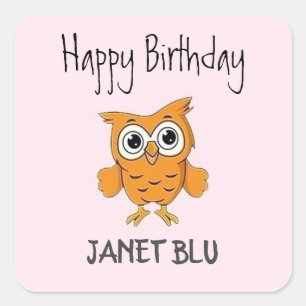 Adesivo Quadrado Lindo owl laranja feliz aniversário em rosa