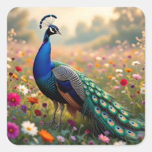 Adesivo Quadrado Lindo Pavão Azul e Turquesa  