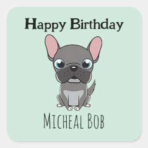 Adesivo Quadrado Lindo pug cinza de aniversário nome personalizado 