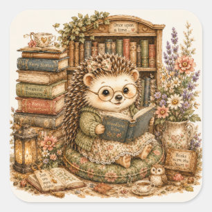 Adesivo Quadrado Lindoouriço-leitura-de-livros-na-biblioteca-cottag
