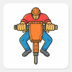 Adesivo Quadrado Linha arte do Jackhammer do trabalhador da