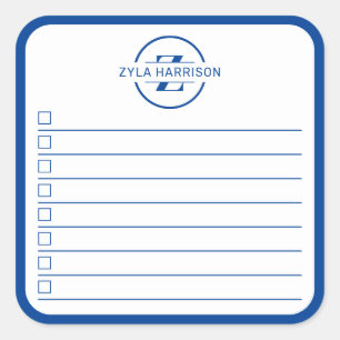 Adesivo Quadrado Lista de Tarefas com Nome de Monograma Azul Modern