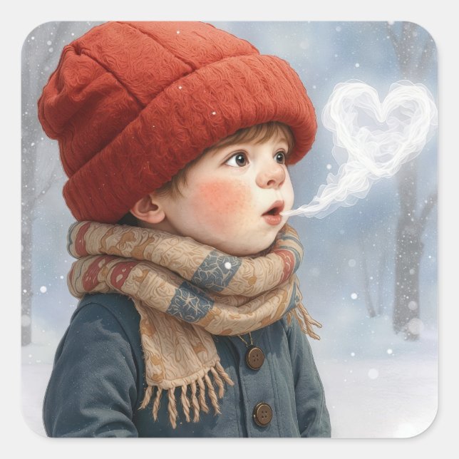 Adesivo Quadrado Little Boy with Frosty Heart Breath (Frente)