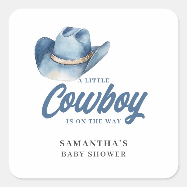 Adesivo Quadrado Little Cowboy Blue Western Boy Baby Shower  (Frente)
