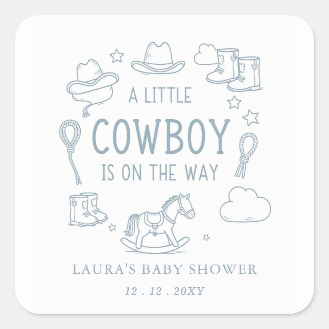 Adesivo Quadrado Little Cowboy Boy Baby Shower (Frente)