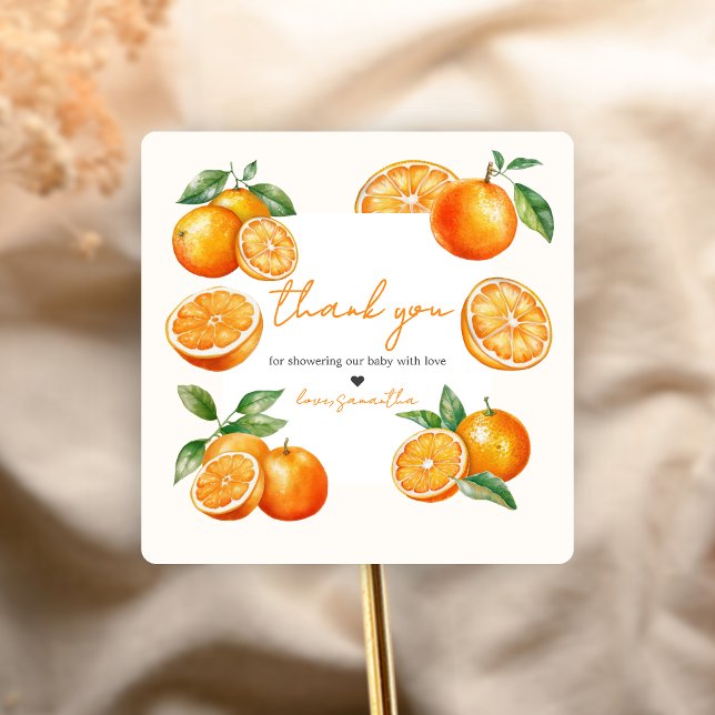 Adesivo Quadrado Little Cutie Orange Baby Shower (Little Cutie Baby Shower Sticker)