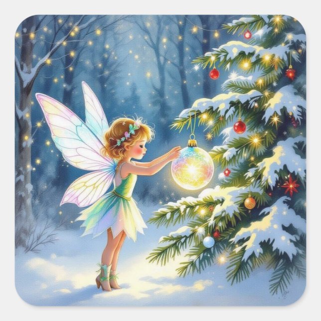 Adesivo Quadrado Little Fairy Decorating Christmas Trees (Frente)