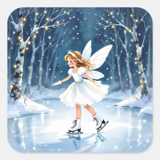 Adesivo Quadrado Little Fairy Ice Skating Christmas (Frente)