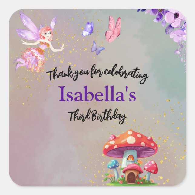 Adesivo Quadrado Little Fairy Mushroom House Butterflies Any Age (Frente)