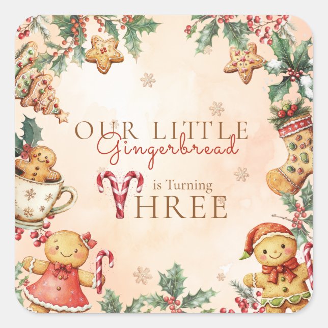 Adesivo Quadrado Little Gingerbread Christmas 3rd Birthday (Frente)