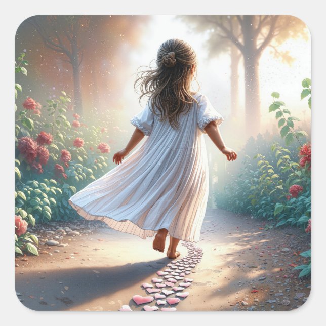 Adesivo Quadrado Little Girl Running On a Pink Heart Path (Frente)