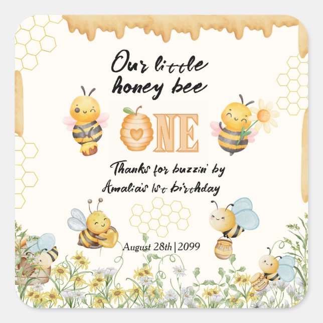 Adesivo Quadrado Little Honey To Bee One Wildflower 1st Birthday (Frente)