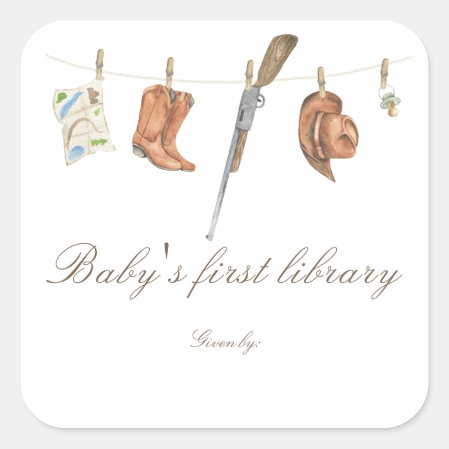 Adesivo Quadrado Little Hunter Baby shower - baby's first library (Frente)