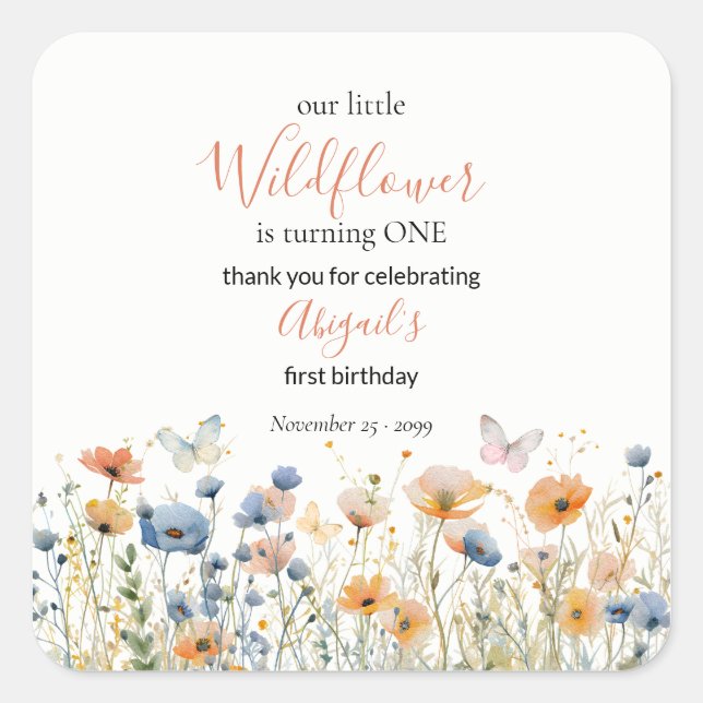 Adesivo Quadrado Little Wildflower Butterfly Meadow 1st Birthday (Frente)