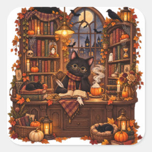 Adesivo Quadrado Livraria de Gatos Pretos Aconchegantes Halloween