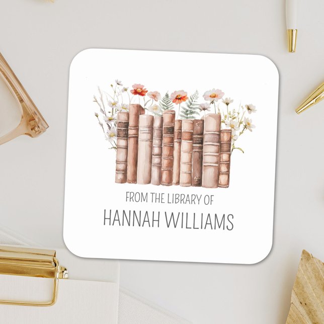 Adesivo Quadrado Livro de Pilha Floral da Biblioteca do Cartão (Close up)