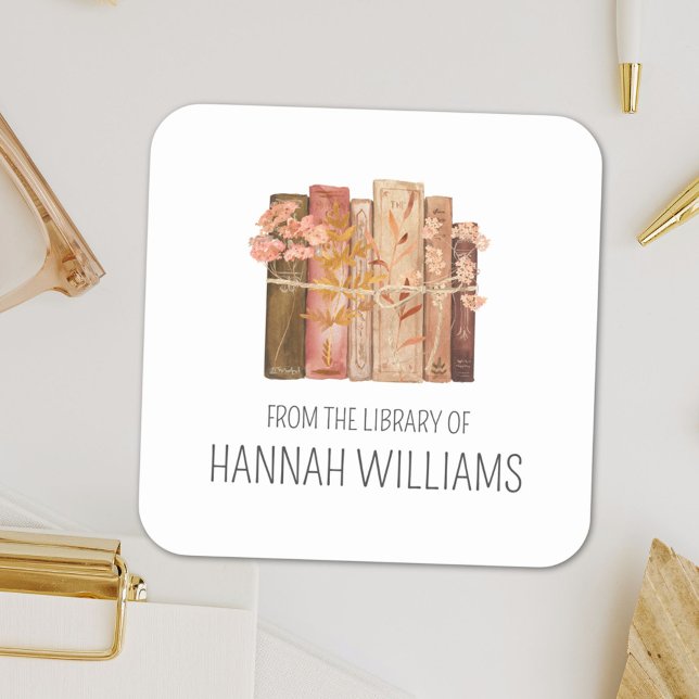 Adesivo Quadrado Livro Flor Castanho da Biblioteca de Livraria (Close up)