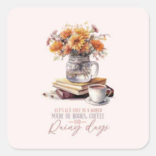 Adesivo Quadrado Livros, Café e Dias de Chuva