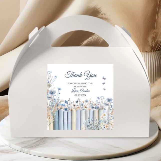 Adesivo Quadrado Livros Chá de fraldas Azul Floral Obrigado Sticker (Criador carregado)