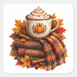 Adesivo Quadrado Livros de Design de Café Cozy Autumn Pumpkin Latte