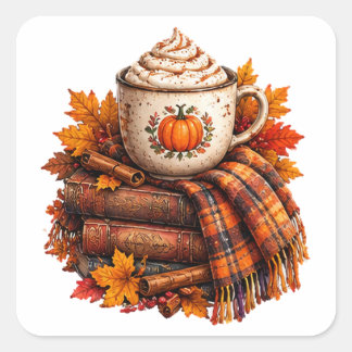 Adesivo Quadrado Livros de Design de Café Cozy Autumn Pumpkin Latte