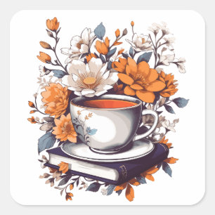 Adesivo Quadrado Livros de Flores e Chá - Amantes de Livros Florais