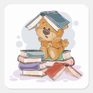 Adesivo Quadrado Livros de Leitura de Urso de Cartoon Bonito