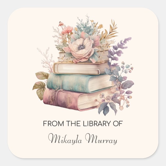 Adesivo Quadrado Livros e Flores Personalizados de Cores Aquáticas (Frente)