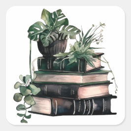 Adesivo Quadrado Livros e plantas acadêmicas verdes