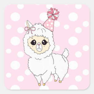 Adesivo Quadrado Llama bonito com chapéu de aniversário
