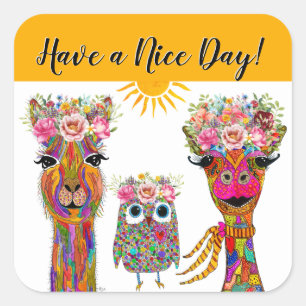 Adesivo Quadrado Llama, Coruja e Girafa Animal