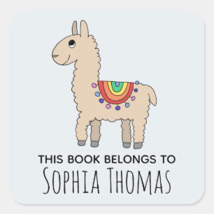 Adesivo Quadrado Llama: "Este Livro Pertence", Llama - Nome Kids