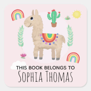 Adesivo Quadrado Llama Kids Bookplate, Rosa Bonito, Este Livro Pert